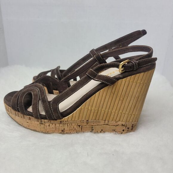 Prada Brown Suede Platform Slingback Cork Wedge Bamboo Sandals Shoes Size 7.5 - Picture 3 of 8